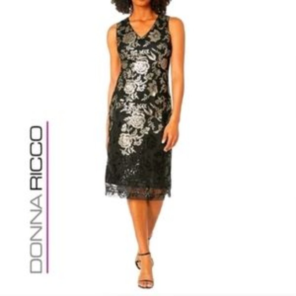 Donna Ricco Women's Sequin Embroidered V Neck, sz 6